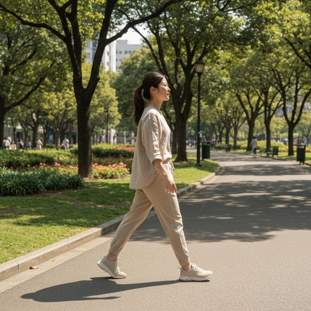 Person in loose clothing walking in urban park